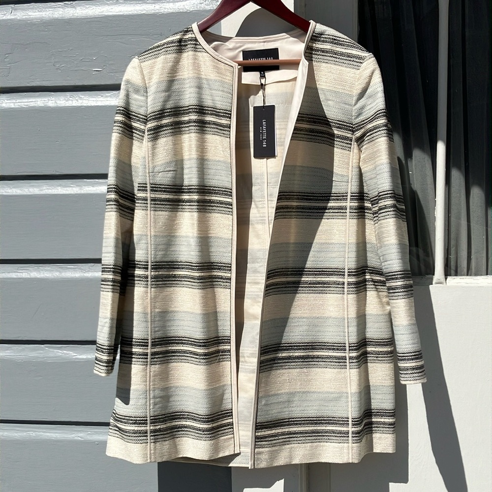 Lafayette 148 New York Cream, Black & Light Blue Striped Open-Front Jacket